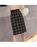 Autumn Woolen Skirt Women Elastic High Waist  Style Plaid Skirts Hip Package Midi Skirt Female Saias Jupe Femme Plus Size