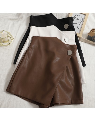  High Waist PU Leather Skirt Shorts Women Irregular Button Wide Leg Shorts Punk Autumn Winter Casual Loose Short Feminino