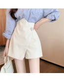  High Waist PU Leather Skirt Shorts Women Irregular Button Wide Leg Shorts Punk Autumn Winter Casual Loose Short Feminino