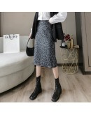 Winter Midi Woolen Skirts Womens Autumn Vintage Leopard Print Streetwear Bodycon Skirt High Waist Package Hip jupe longue femme