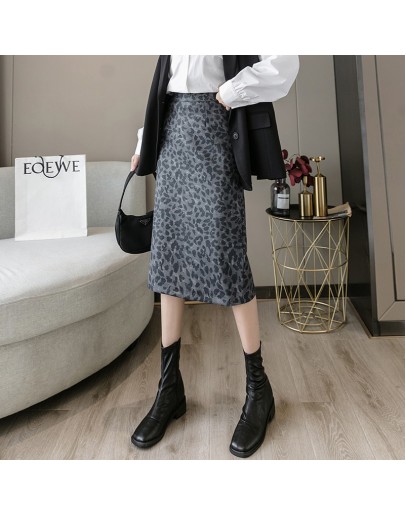 Winter Midi Woolen Skirts Womens Autumn Vintage Leopard Print Streetwear Bodycon Skirt High Waist Package Hip jupe longue femme