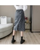 Winter Midi Woolen Skirts Womens Autumn Vintage Leopard Print Streetwear Bodycon Skirt High Waist Package Hip jupe longue femme