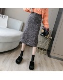 Winter Midi Woolen Skirts Womens Autumn Vintage Leopard Print Streetwear Bodycon Skirt High Waist Package Hip jupe longue femme