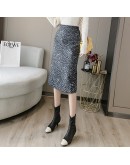 Winter Midi Woolen Skirts Womens Autumn Vintage Leopard Print Streetwear Bodycon Skirt High Waist Package Hip jupe longue femme