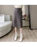 Winter Midi Woolen Skirts Womens Autumn Vintage Leopard Print Streetwear Bodycon Skirt High Waist Package Hip jupe longue femme