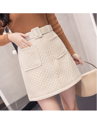   Style Winter Autumn Short Corduroy Skirt Women High Waist Belted Mini Skirts Female Thicken Warm A-Line Saias