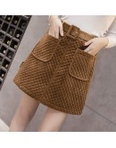   Style Winter Autumn Short Corduroy Skirt Women High Waist Belted Mini Skirts Female Thicken Warm A-Line Saias