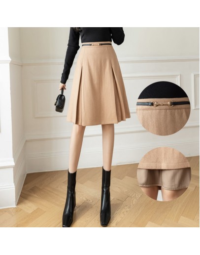 Women's Knee Length Woolen Skirt High Waisted Fall Winter A-Line Office Work Midi Skirts Black Khaki   Clothing