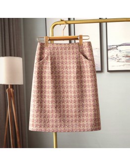 Fall Winter Small Fragrance Vintage Tweed Skirt for Women High Waisted Knee Length Midi Woolen Skirts Elegant Plaid Mujer Faldas