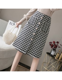 Knee Length Fall Tweed Woolen Skirt Women High Waisted Winter Midi Houndstooth Skirts with Pockets Front Buckle Booty Faldas