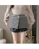 Knee Length Fall Tweed Woolen Skirt Women High Waisted Winter Midi Houndstooth Skirts with Pockets Front Buckle Booty Faldas