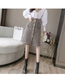 Knee Length Fall Tweed Woolen Skirt Women High Waisted Winter Midi Houndstooth Skirts with Pockets Front Buckle Booty Faldas