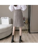 Knee Length Fall Tweed Woolen Skirt Women High Waisted Winter Midi Houndstooth Skirts with Pockets Front Buckle Booty Faldas