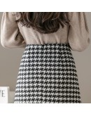 Knee Length Fall Tweed Woolen Skirt Women High Waisted Winter Midi Houndstooth Skirts with Pockets Front Buckle Booty Faldas