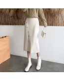 Oblique Buckle Hip Package Skirt Female  Autumn and Winter   Mid-length High Waist Knitted One-step Skirts