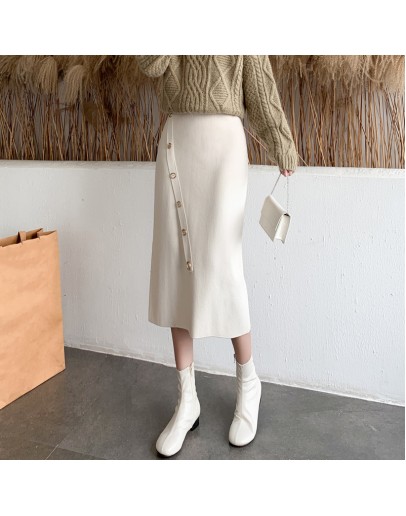 Oblique Buckle Hip Package Skirt Female  Autumn and Winter   Mid-length High Waist Knitted One-step Skirts