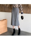 Oblique Buckle Hip Package Skirt Female  Autumn and Winter   Mid-length High Waist Knitted One-step Skirts