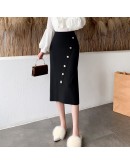 Oblique Buckle Hip Package Skirt Female  Autumn and Winter   Mid-length High Waist Knitted One-step Skirts