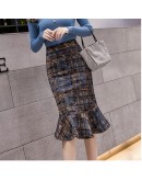 Fall Winter Tweed Wool Skirt Women High Waisted Knee Length Ruffles Trumpet Mermaid Skirts Hip Package Midi Faldas Plus Size 5XL