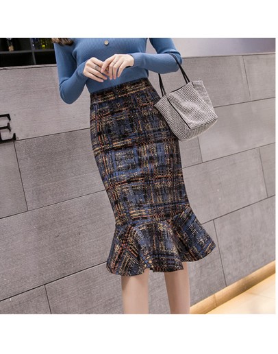 Fall Winter Tweed Wool Skirt Women High Waisted Knee Length Ruffles Trumpet Mermaid Skirts Hip Package Midi Faldas Plus Size 5XL