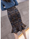 Fall Winter Tweed Wool Skirt Women High Waisted Knee Length Ruffles Trumpet Mermaid Skirts Hip Package Midi Faldas Plus Size 5XL