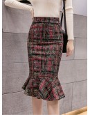 Fall Winter Tweed Wool Skirt Women High Waisted Knee Length Ruffles Trumpet Mermaid Skirts Hip Package Midi Faldas Plus Size 5XL