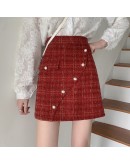 Small Fragrance Tweed Woolen Skirt Women Fall Winter High Waisted Plaid Short Mini Red Skirts Elegant Booty Faldas Mujer