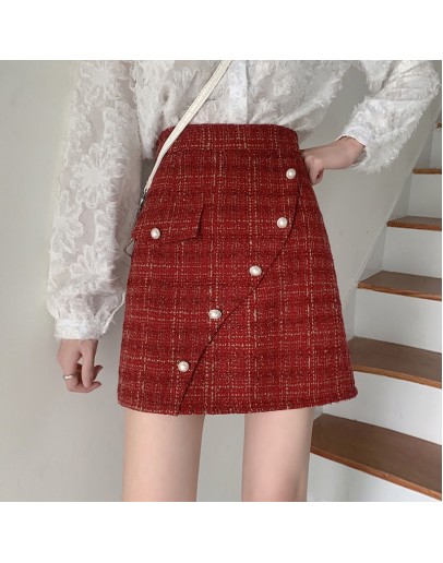 Small Fragrance Tweed Woolen Skirt Women Fall Winter High Waisted Plaid Short Mini Red Skirts Elegant Booty Faldas Mujer