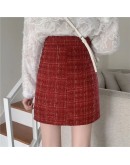 Small Fragrance Tweed Woolen Skirt Women Fall Winter High Waisted Plaid Short Mini Red Skirts Elegant Booty Faldas Mujer