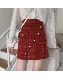 Small Fragrance Tweed Woolen Skirt Women Fall Winter High Waisted Plaid Short Mini Red Skirts Elegant Booty Faldas Mujer