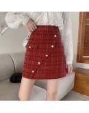 Small Fragrance Tweed Woolen Skirt Women Fall Winter High Waisted Plaid Short Mini Red Skirts Elegant Booty Faldas Mujer