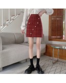 Small Fragrance Tweed Woolen Skirt Women Fall Winter High Waisted Plaid Short Mini Red Skirts Elegant Booty Faldas Mujer