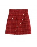 Small Fragrance Tweed Woolen Skirt Women Fall Winter High Waisted Plaid Short Mini Red Skirts Elegant Booty Faldas Mujer