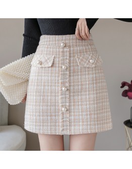  Tweed Woolen Skirt for Women Elegant Fall Winter Short Mini Skirts Hip Package Front Button Cute Booty Skater Faldas