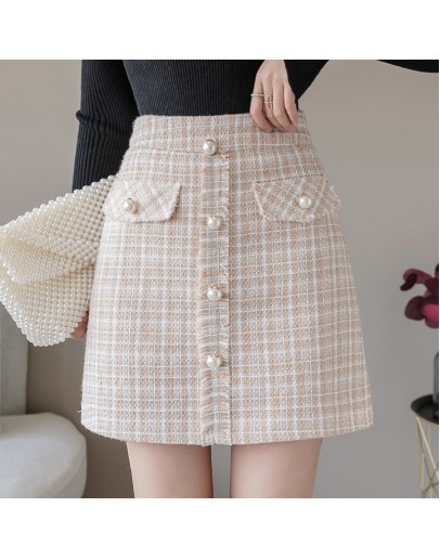  Tweed Woolen Skirt for Women Elegant Fall Winter Short Mini Skirts Hip Package Front Button Cute Booty Skater Faldas