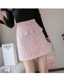  Tweed Woolen Skirt for Women Elegant Fall Winter Short Mini Skirts Hip Package Front Button Cute Booty Skater Faldas