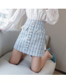  Tweed Woolen Skirt for Women Elegant Fall Winter Short Mini Skirts Hip Package Front Button Cute Booty Skater Faldas