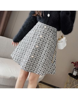 Fall Winter Hounstooth Tweed Wool Mini Skirts Women High Waisted Woolen Skirt Plus Size Elegant Pearls Buttons Irregular Skirt