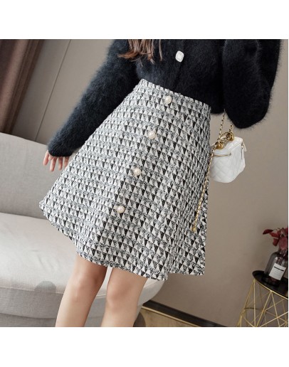 Fall Winter Hounstooth Tweed Wool Mini Skirts Women High Waisted Woolen Skirt Plus Size Elegant Pearls Buttons Irregular Skirt