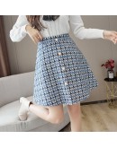 Fall Winter Hounstooth Tweed Wool Mini Skirts Women High Waisted Woolen Skirt Plus Size Elegant Pearls Buttons Irregular Skirt