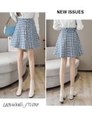 Fall Winter Hounstooth Tweed Wool Mini Skirts Women High Waisted Woolen Skirt Plus Size Elegant Pearls Buttons Irregular Skirt