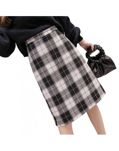 Knee Length Woolen Skirt Women Autumn Winter High Waisted Midi Plaid Skirts Hip Package Vintage Faldas Largas Mujer Plus Size