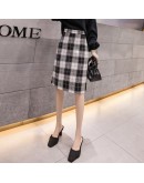 Knee Length Woolen Skirt Women Autumn Winter High Waisted Midi Plaid Skirts Hip Package Vintage Faldas Largas Mujer Plus Size