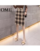 Knee Length Woolen Skirt Women Autumn Winter High Waisted Midi Plaid Skirts Hip Package Vintage Faldas Largas Mujer Plus Size