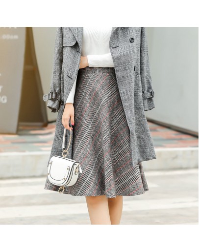 Vintage Plaid Wool Skirts Women High Waisted Knee-Length Midi Woolen Skirt Plus Size Elegant Autumn Winter A-Line Faldas Mujer