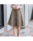 Vintage Plaid Wool Skirts Women High Waisted Knee-Length Midi Woolen Skirt Plus Size Elegant Autumn Winter A-Line Faldas Mujer