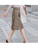 Vintage Plaid Wool Skirts Women High Waisted Knee-Length Midi Woolen Skirt Plus Size Elegant Autumn Winter A-Line Faldas Mujer