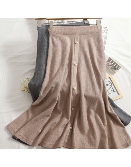 Elastic Knitted Skirt High Waisted Slim Big Hem Mid-Length Skirt Autumn Winter Women's Warm Wild Elegant Jupe Femme Front Button