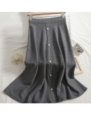 Elastic Knitted Skirt High Waisted Slim Big Hem Mid-Length Skirt Autumn Winter Women's Warm Wild Elegant Jupe Femme Front Button