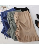 Knee Length Irregular Knit Skirt Women High Waist Side Lace Up Drawsting Ruffles Skirts  Hip Package Wrap Sweater Faldas